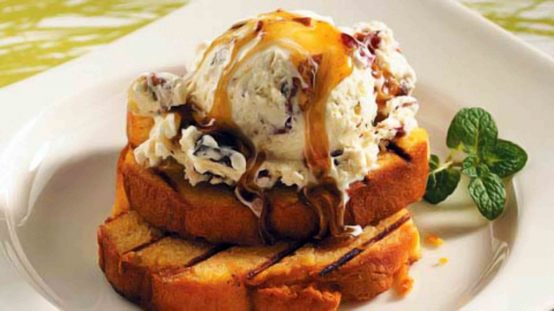 Grilled Pound Cake with Sour Cherry and Pecan Ice Cream 