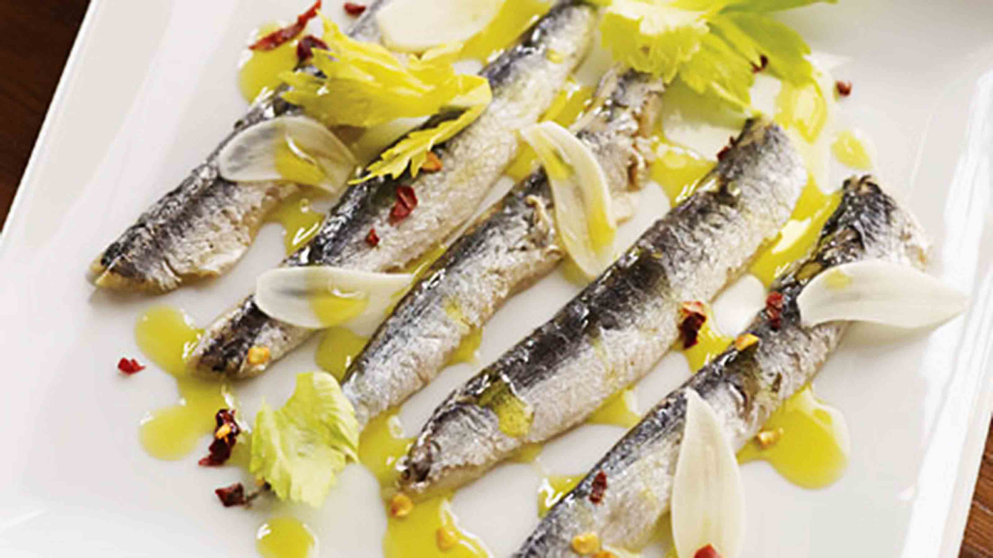 Anchovies, Pickled Garlic, Celery Leaves Plate